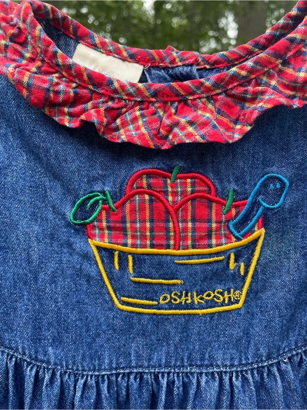 Vintage OshKosh Collection 100% Cotton Denim Tiered Dress w/ Plaid Ruffles